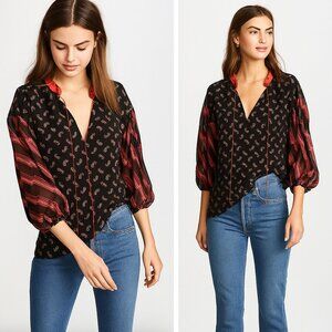 Alice + Olivia Asha Silk Blouse Black Ditsy Paisley Boho Chic Size Medium